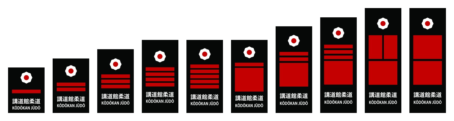 Os dez graus do patch de gradua&ccedil;&atilde;o Kodokan, do 1&ordm; ao 10&ordm; dan, em faixa preta